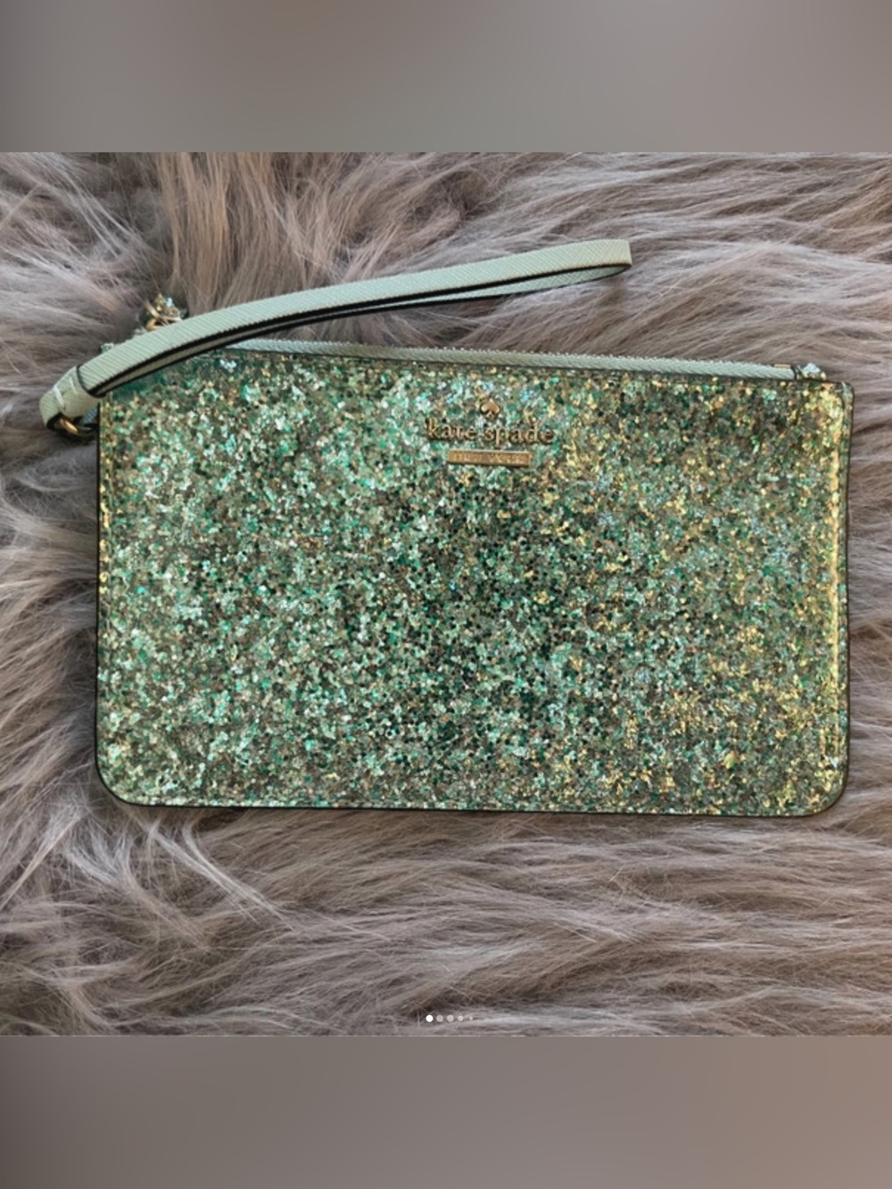 kate spade mint green glitter wristlet, storybook lining!!! 7”x4”